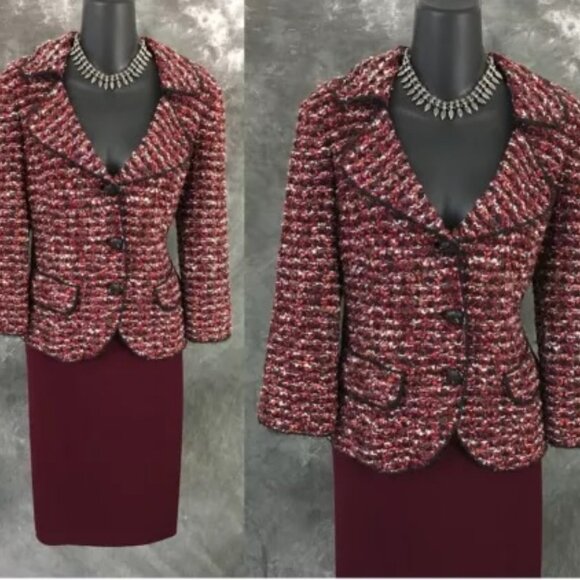 BEAUTIFUL St John couture knit red pink black multi Rhinestones skirt suit 8 - Picture 2 of 9